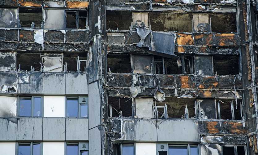 Burned Grenfell Tower cladding in 2017