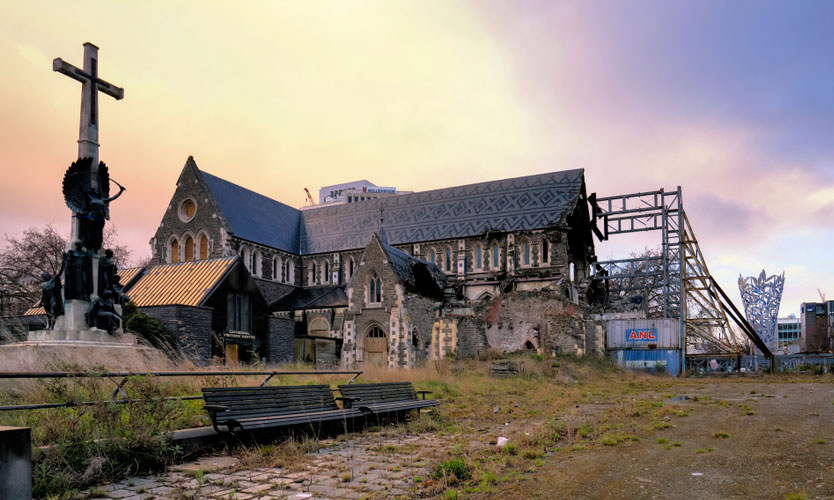 Christchurch Cathedral ruins in 2016, five years after the 2011 Christchurch earthquake