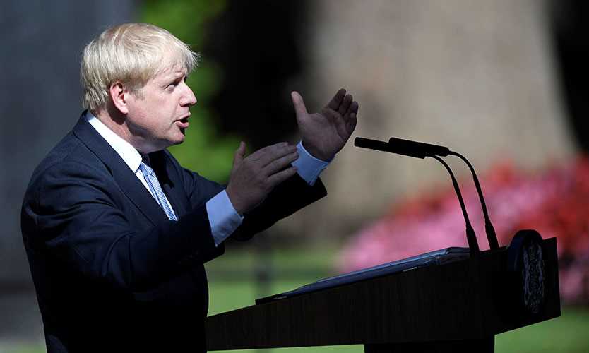 Britain's new Prime Minister, Boris Johnson, delivers a speech outside Downing Street, in London, Britain July 24, 2019.