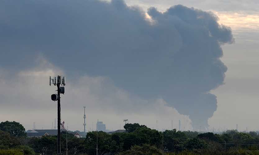 Smoke rises from a fire burning at the Intercontinental Terminals Co. east of Houston.