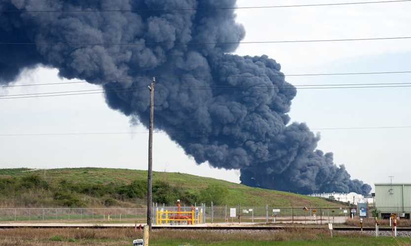 A plume of smoke rises from a petrochemical fire at the Intercontinental Terminals Company, in Deer Park, Texas.