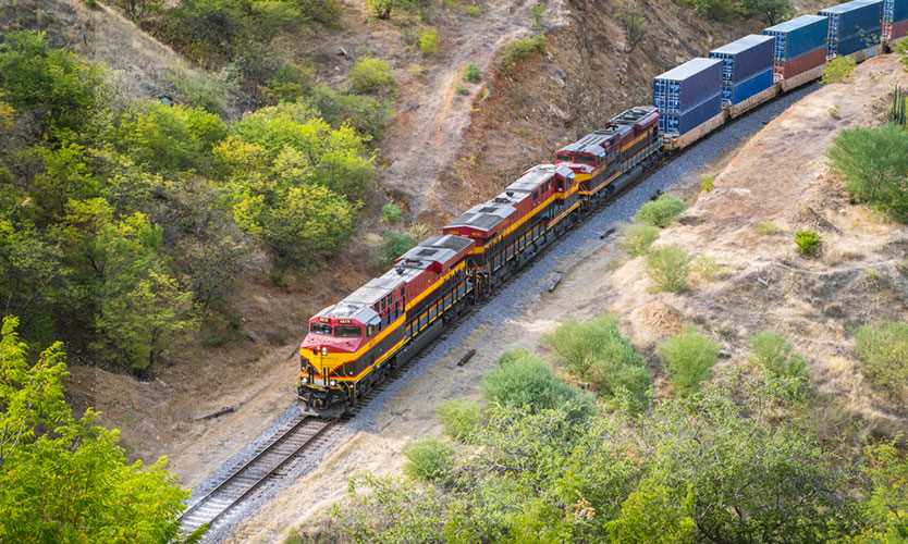 Freight train going through the Mexican desert